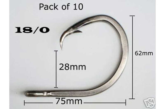 10 Pack of 18/0 Tuna Circle Hooks. Super Heavy Duty